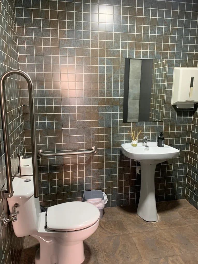 Baño adaptado de ELIT, con barras de apoyo junto al inodoro y lavabo accesible